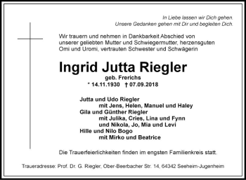 Traueranzeige von Ingrid Jutta Riegler von Fränkische Nachrichten