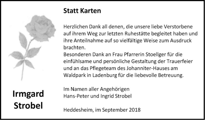  Traueranzeige für Irmgard Strobel vom 15.09.2018 aus Mannheimer Morgen