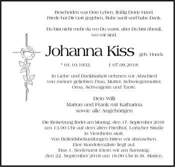 Traueranzeige von Johanna Kiss von Südhessen Morgen