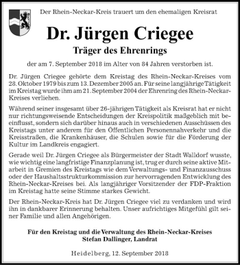 Traueranzeige von Jürgen Criegee von Mannheimer Morgen