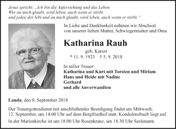 Traueranzeige von Katharina Rauh von Fränkische Nachrichten