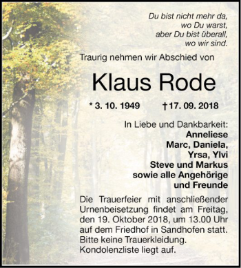 Traueranzeige von Klaus Rode von Mannheimer Morgen