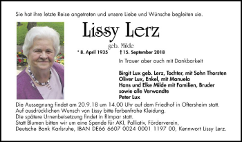 Traueranzeige von Lissy Lerz von Schwetzinger Zeitung