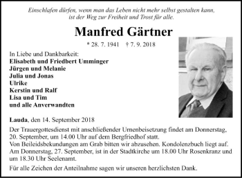 Traueranzeige von Manfred Gärtner von Fränkische Nachrichten