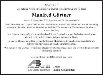 Traueranzeige von Manfred Gärtner von Fränkische Nachrichten