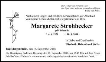 Traueranzeige von Margarete Strohhecker von Fränkische Nachrichten