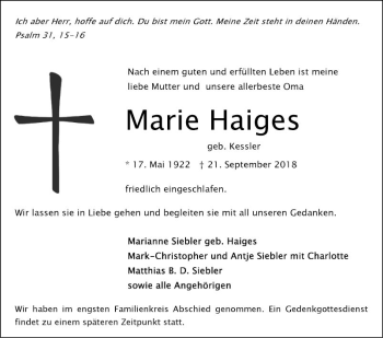 Traueranzeige von Marie Haiges von Mannheimer Morgen