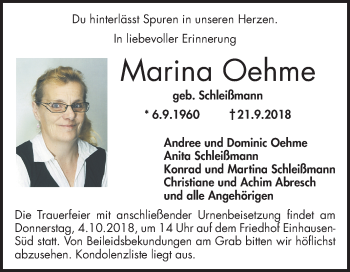 Traueranzeige von Marina Oehme von Bergsträßer Anzeiger