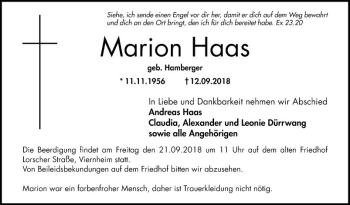 Traueranzeige von Marion Haas von Südhessen Morgen
