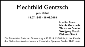 Traueranzeige von Mechthild Gentzsch von Mannheimer Morgen