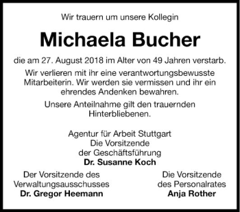 Traueranzeige von Michaela Bucher von Fränkische Nachrichten