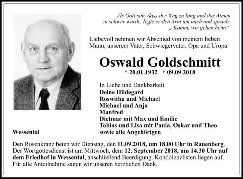  Traueranzeige für Oswald Goldschmitt vom 11.09.2018 aus Fränkische Nachrichten