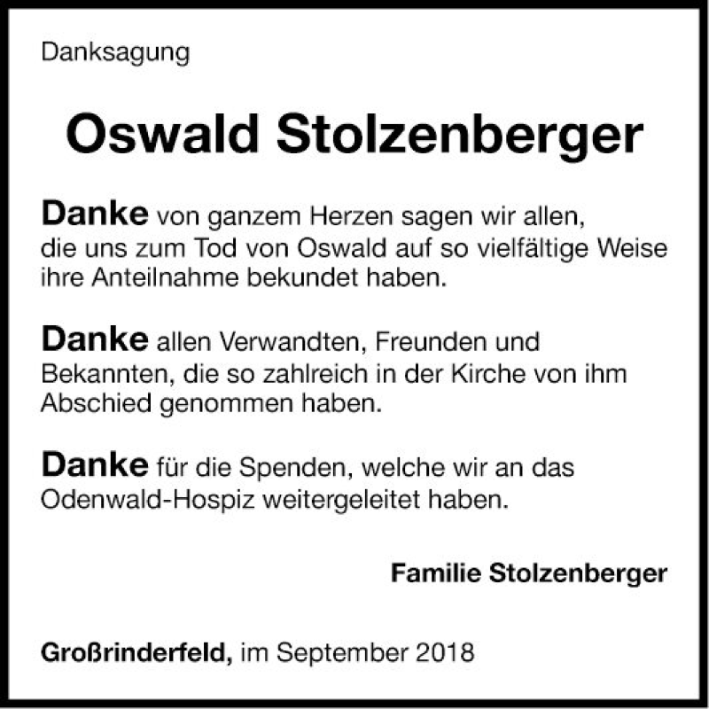  Traueranzeige für Oswald Stolzenberger vom 15.09.2018 aus Fränkische Nachrichten