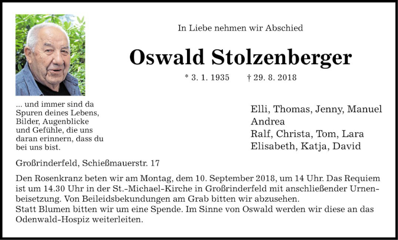  Traueranzeige für Oswald Stolzenberger vom 05.09.2018 aus Fränkische Nachrichten