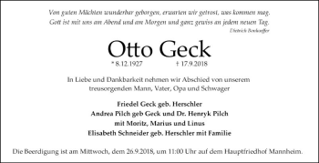 Traueranzeige von Otto Geck von Mannheimer Morgen