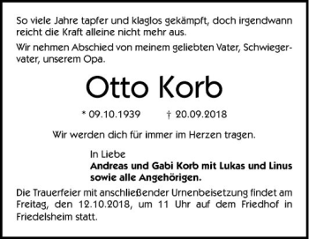 Traueranzeige von Otto Korb von Mannheimer Morgen