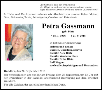 Traueranzeige von Petra Gassmann von Fränkische Nachrichten