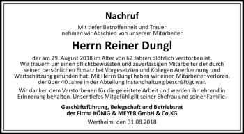 Traueranzeige von Reiner Dungl von Fränkische Nachrichten