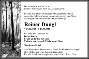 Traueranzeige von Reiner Dungl von Fränkische Nachrichten