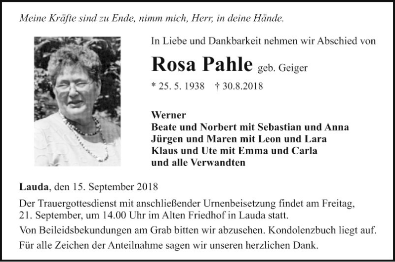  Traueranzeige für Rosa Pahle vom 15.09.2018 aus Fränkische Nachrichten