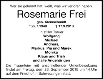 Traueranzeige von Rosemarie Frei von Schwetzinger Zeitung