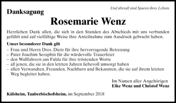 Traueranzeige von Rosemarie Wenz von Fränkische Nachrichten