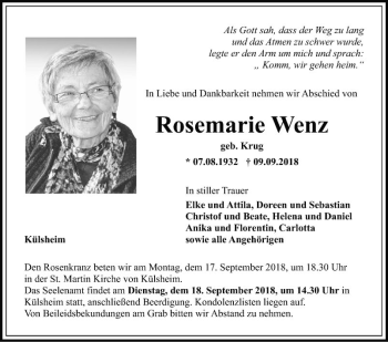 Traueranzeige von Rosemarie Wenz von Fränkische Nachrichten