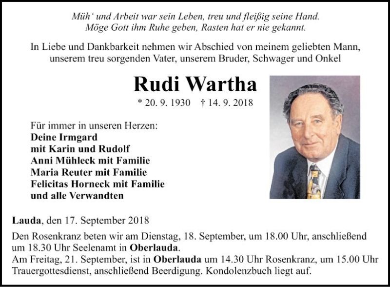  Traueranzeige für Rudi Wartha vom 17.09.2018 aus Fränkische Nachrichten