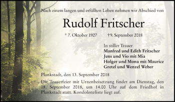 Traueranzeige von Rudolf Fritscher von Schwetzinger Zeitung