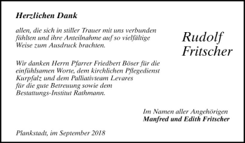 Traueranzeige von Rudolf Fritscher von Schwetzinger Zeitung