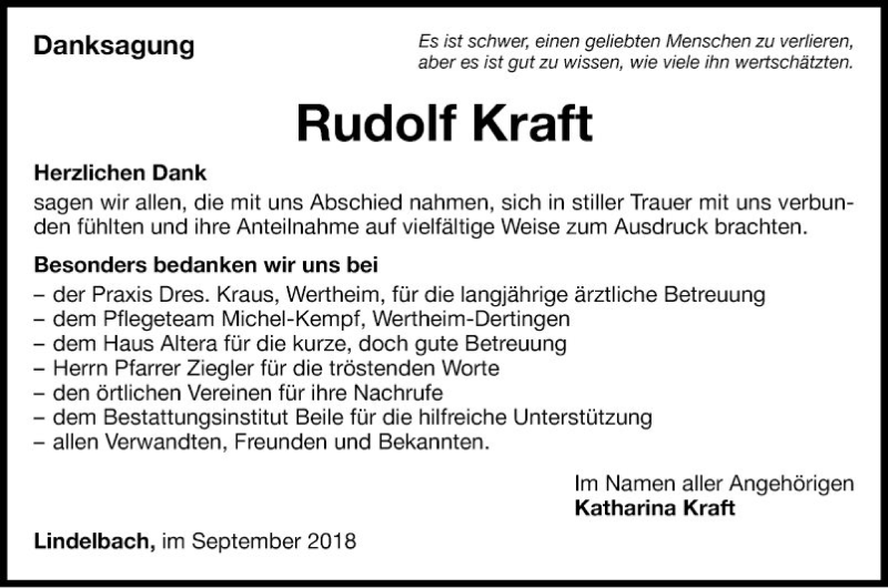  Traueranzeige für Rudolf Kraft vom 08.09.2018 aus Fränkische Nachrichten
