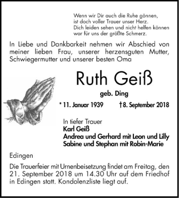 Traueranzeige von Ruth Geiß von Mannheimer Morgen