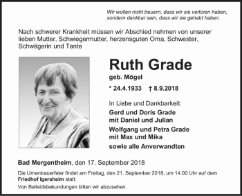 Traueranzeige von Ruth Grade von Fränkische Nachrichten