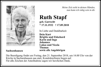 Traueranzeige von Ruth Stapf von Fränkische Nachrichten