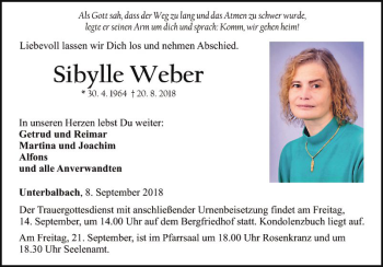 Traueranzeige von Sibylle Weber von Fränkische Nachrichten