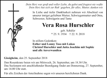 Traueranzeige von Vera Rosa Hurschler von Fränkische Nachrichten