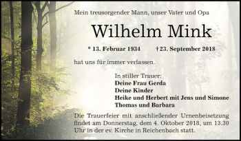 Traueranzeige von Wilhelm Mink von Bergsträßer Anzeiger