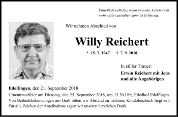 Traueranzeige von Willy Reichert von Fränkische Nachrichten