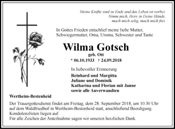 Traueranzeige von Wilma Gotsch von Fränkische Nachrichten
