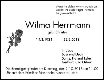 Traueranzeige von Wilma Herrmann von Mannheimer Morgen