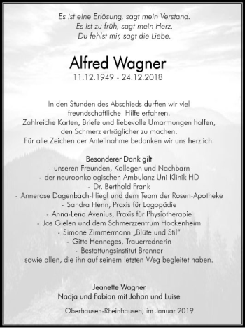 Traueranzeige von Alfred Wagner von Schwetzinger Zeitung