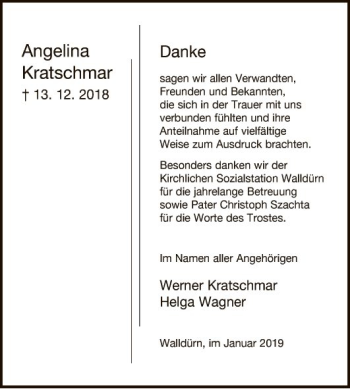 Traueranzeige von Angelika Kratschmar von Fränkische Nachrichten