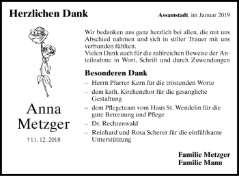 Traueranzeige von Anna Metzger von Fränkische Nachrichten