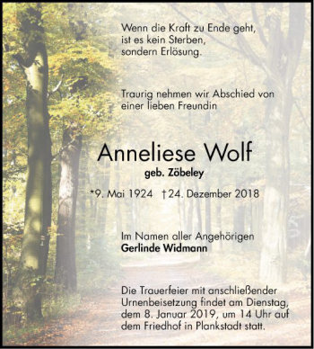 Traueranzeige von Anneliese Wolf von Schwetzinger Zeitung