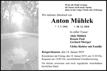 Traueranzeige von Anton Mühlek von Fränkische Nachrichten