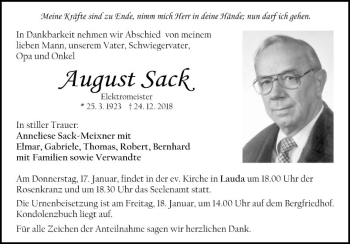 Traueranzeige von August Sack von Fränkische Nachrichten