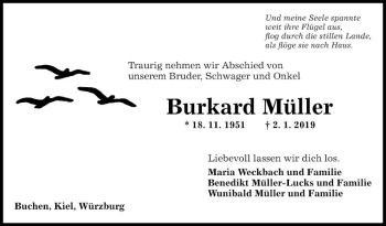 Traueranzeige von Burkhard Müller von Fränkische Nachrichten