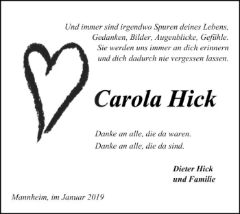 Traueranzeige von Carola Hick von Mannheimer Morgen