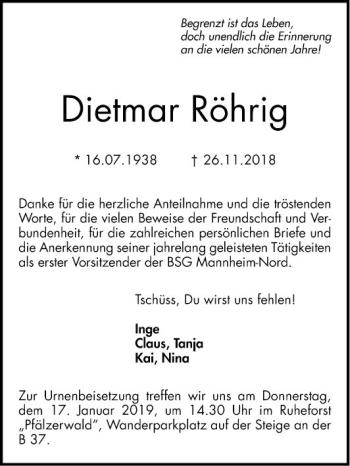 Traueranzeige von Dietmar Röhrig von Mannheimer Morgen