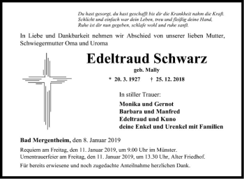 Traueranzeige von Edeltraud Schwarz von Fränkische Nachrichten